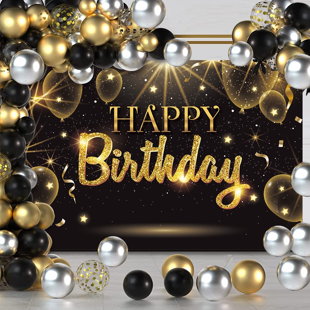 IIILUYOT Happy Birthday Party Backdrop, Black Gold Vinyl Banner 6x4.2ft, Large Birthday Theme Decorations, Glitter Star Props