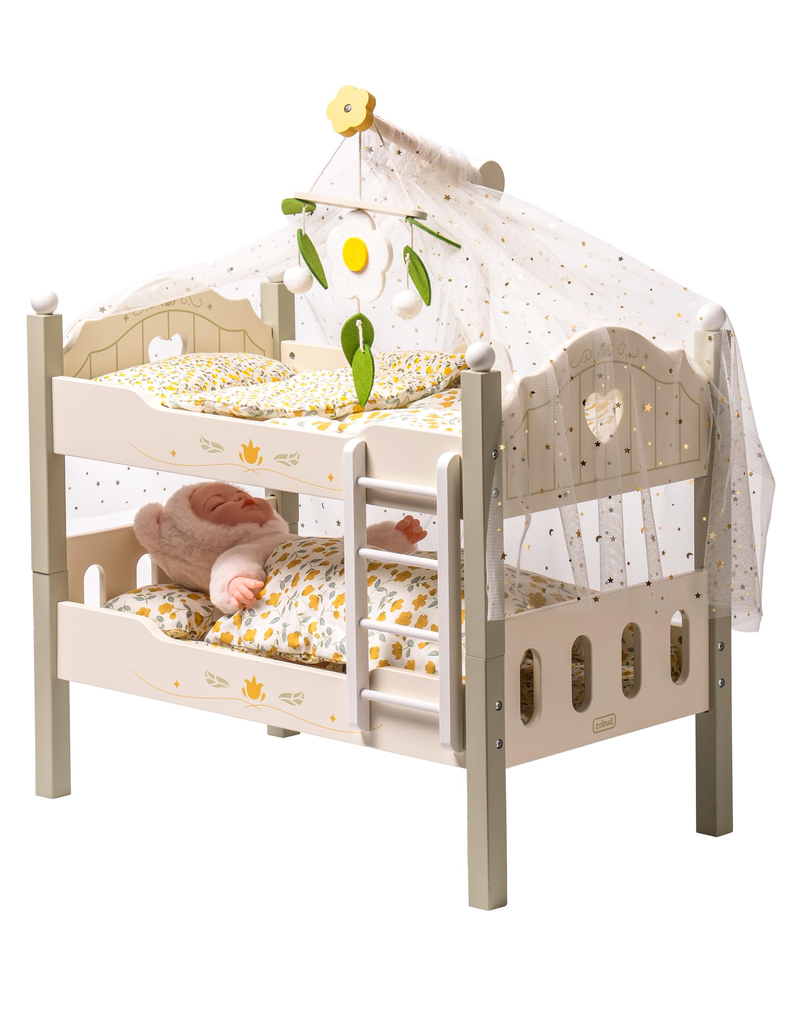 Robud Baby Doll Crib, Wooden Baby Doll Beds For 20 Inch Dolls, Green Baby Doll Bunk Beds With Tulle, American Girl Doll Bed For