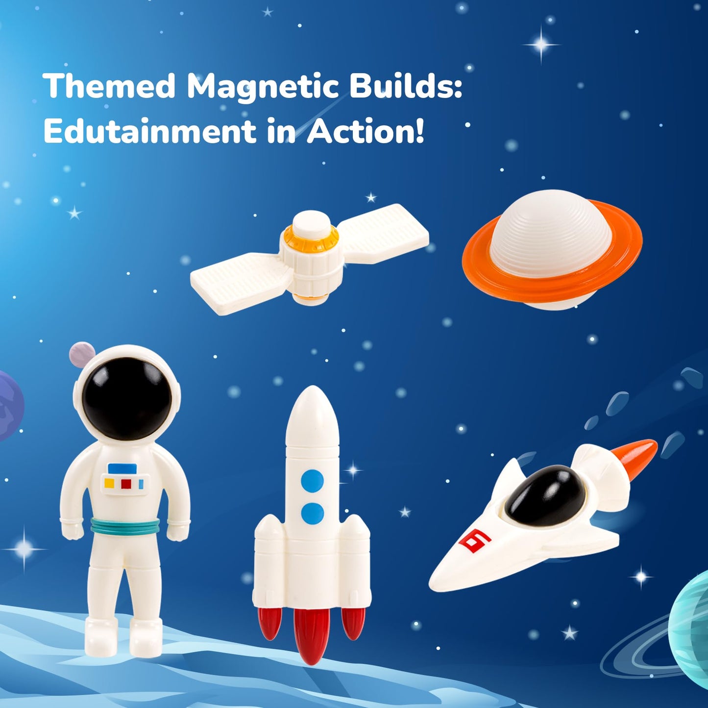 MENYORD Space Exploration Magnetic Tiles (39PCS) STEM Building Set with Rocket & Astronaut Preschool Learning Building Set for Ages 3-8  for Boys Girls (Satellite  Spaceship)