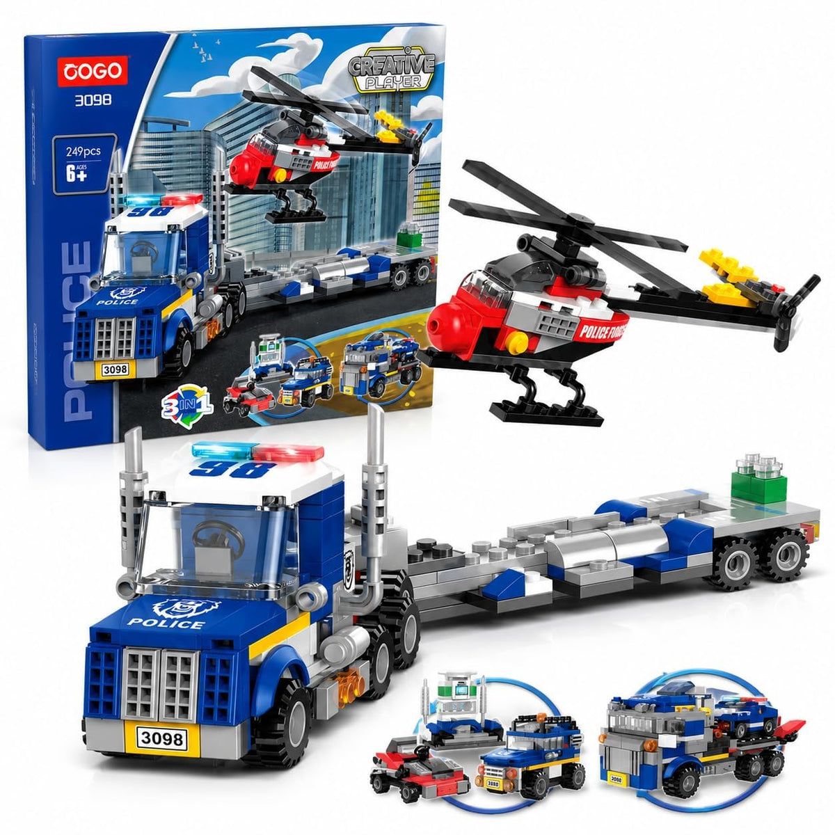 Toy Imagine 3in1 Police Building Blocks & Bricks Set for Kids, 249Piece Police Truck, Transporter Trailer & Rescue Helicopter