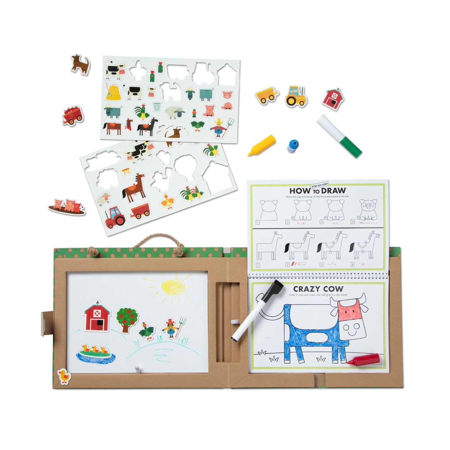 Melissa & Doug Reusable Drawing & Magnet Kit – Farm, 38 Magnets, 5 Dry-Erase Markers, 11.9 x 9.5 x 1.25 inches
