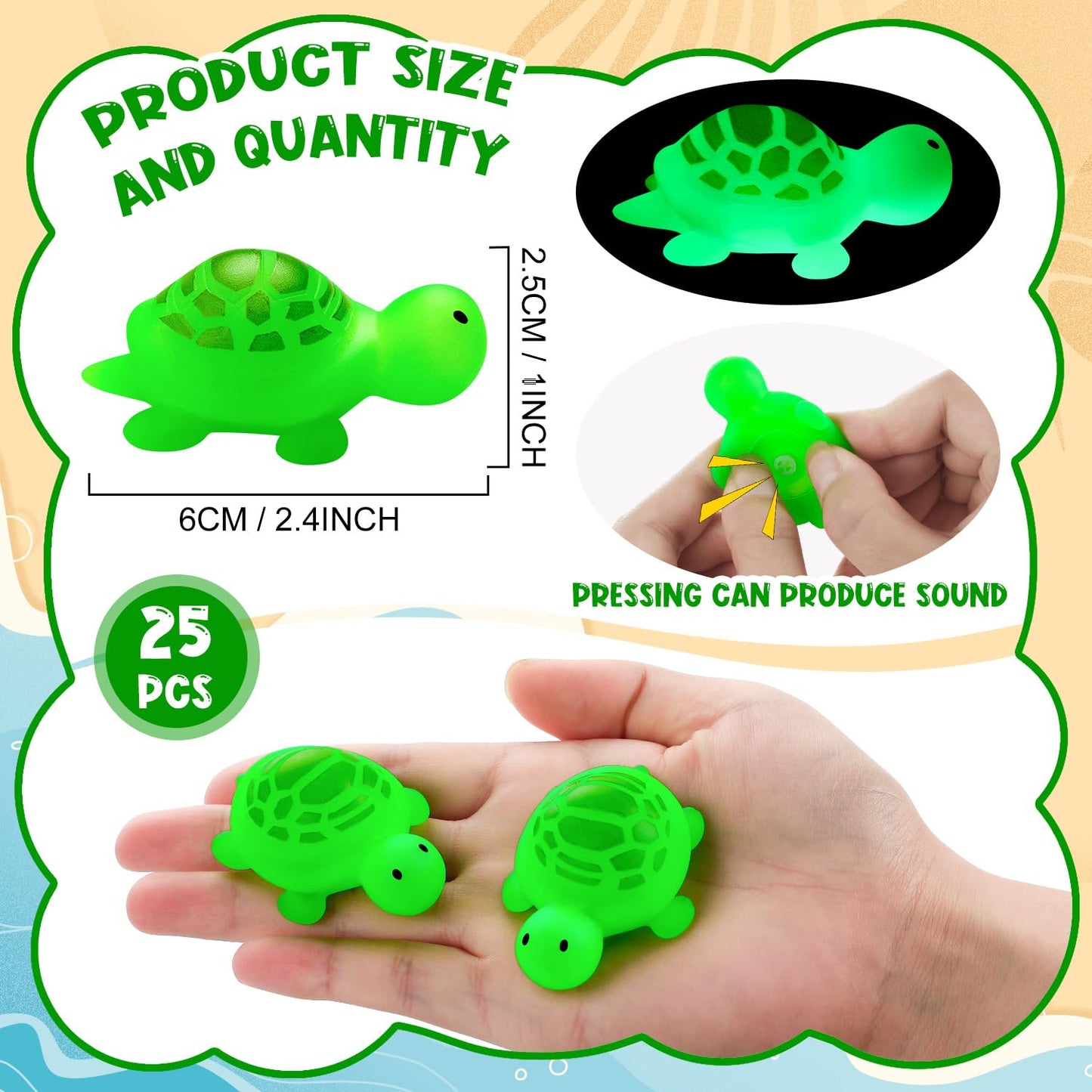 25Pcs Rubber Turtle Bath Toys Glow In The Dark Green Floating Squeaky Sea Turtle Rubbe Toys, Cute Screaming Sound Rubber Turtle