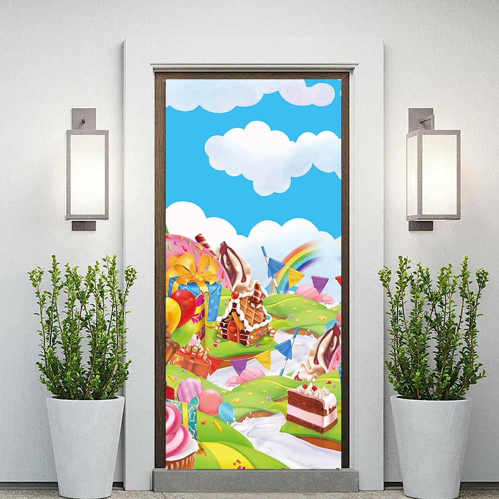 DOTOOMA 35.4 x 72.8 Inches Candyland Sweet Cartoon Rainbow Doughnut Color Flag Balloon Biscuit House Ice Cream Theme Yard Door B