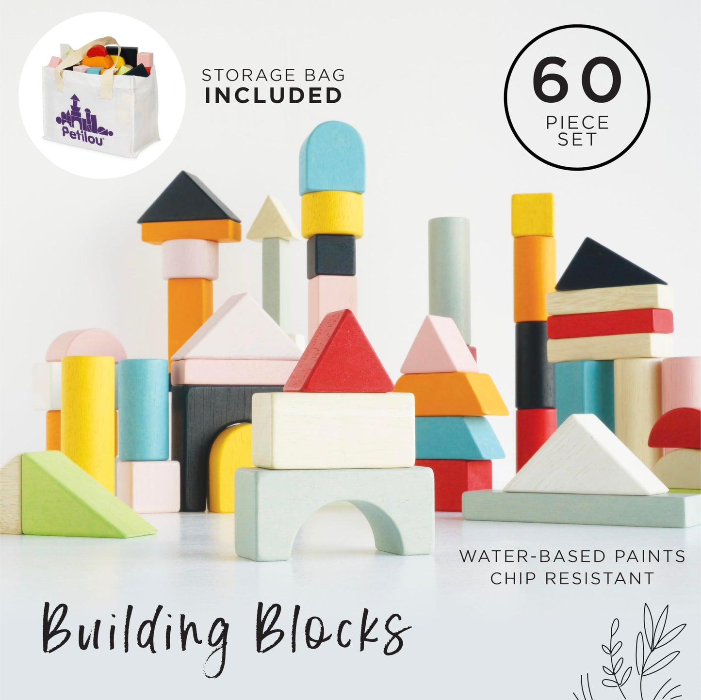 Le Toy Van - Educational Wooden Building Blocks 60 Piece Set Toy | Montessori Style Shape & Colour Development Toy - Suitable fo