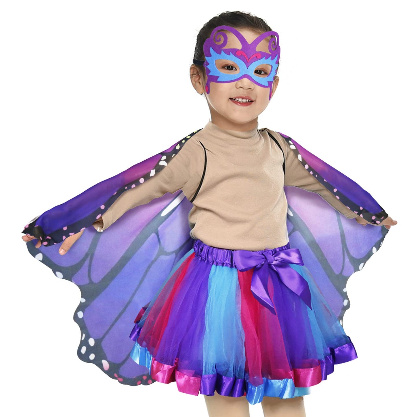 D.Q.Z Kids Fairy Butterfly-Wings Costume For Girls Halloween Butterfly Costumes & Rainbow Tutu Dress Up Party Supplies (Purple1)