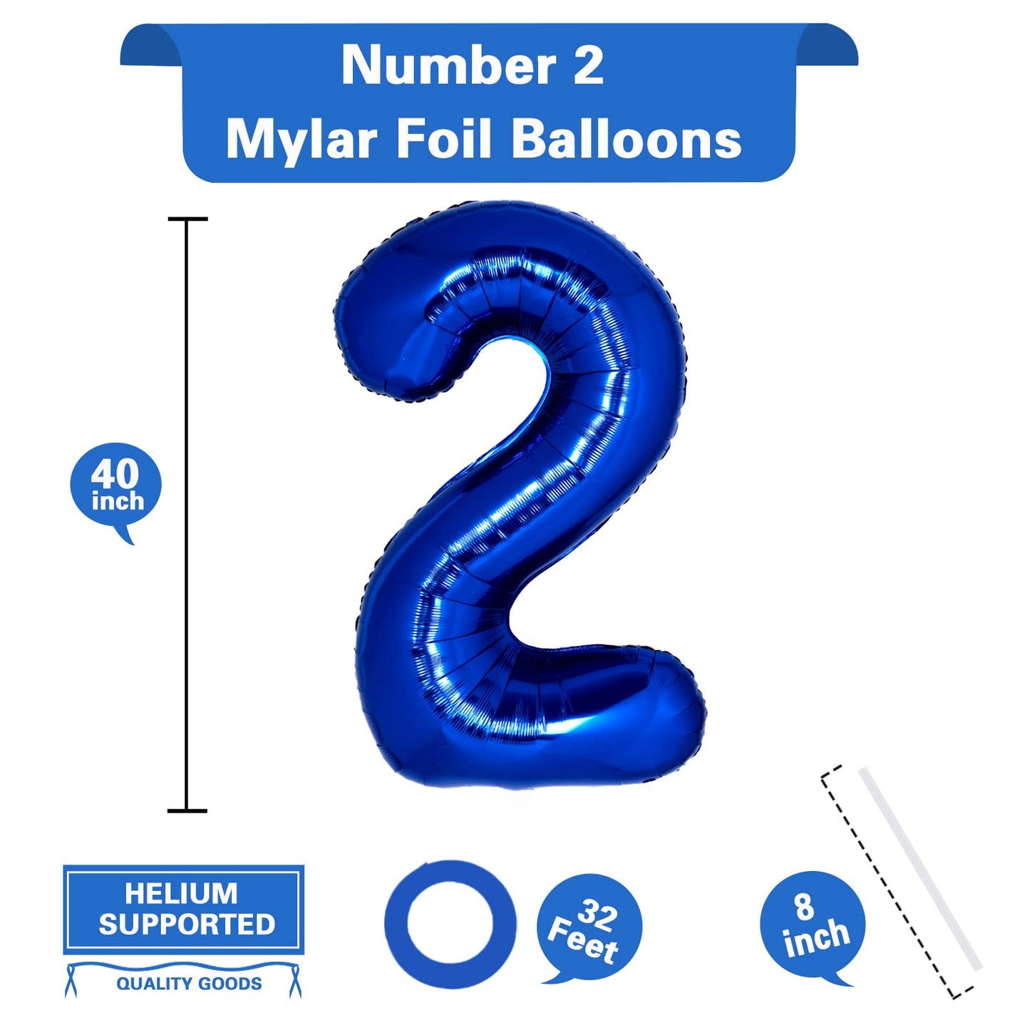 40 Inch Giant Navy Blue Number 2 Balloon, Helium Mylar Foil Number Balloons For Birthday Party, 2Nd Birthday Decorations For Kid