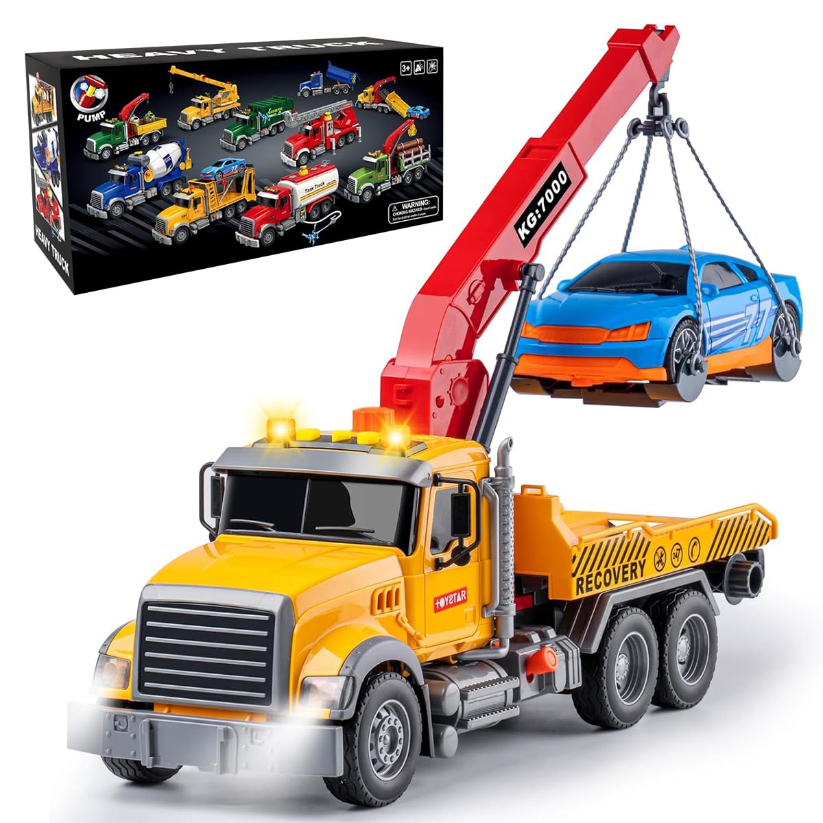 MAJCL 15'' Large Tow Truck Toy,Friction Powered Transport Truck Crane Toy with Lights and Sounds,with Roadster,Kids Toys for 3 4