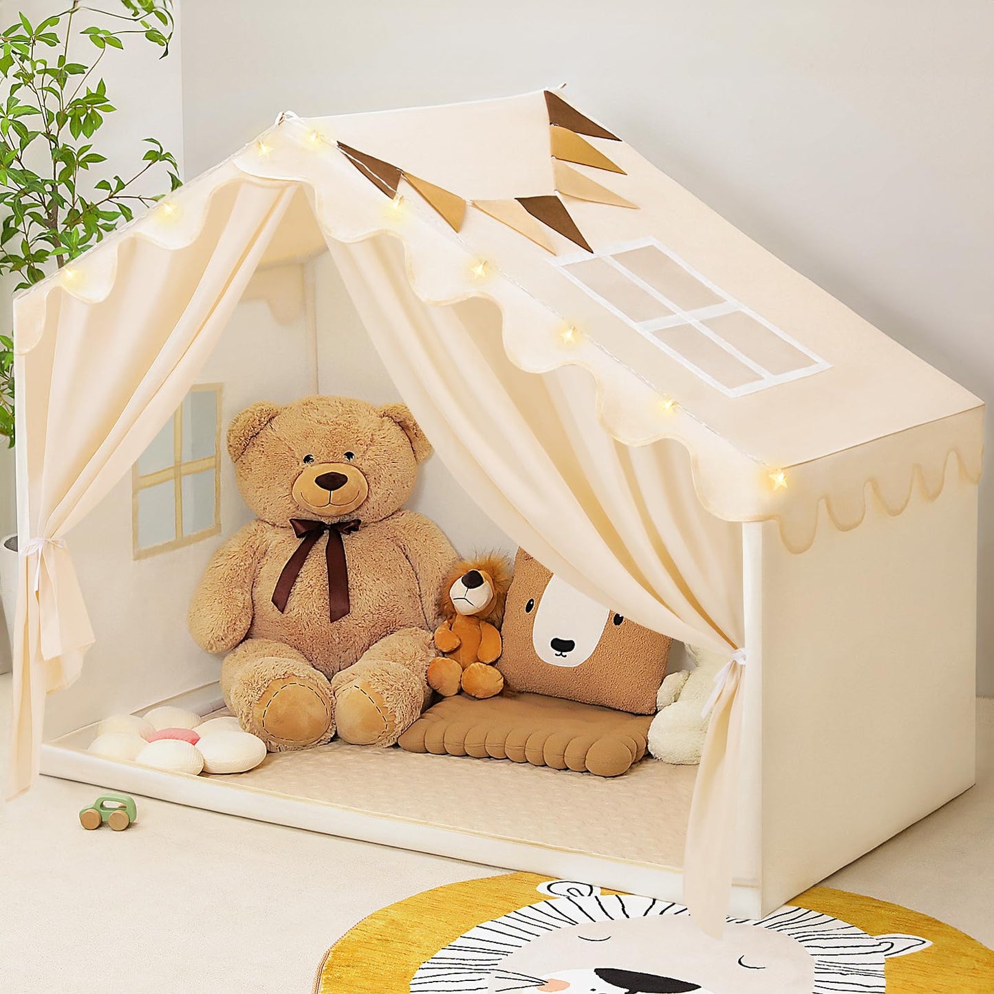 PIIKAGO Kids Tent Indoor with Stat Lights - Play Tent for Kids Ages 4-8  Toddler Playhouse with Cloth Curtain for Girls Boys  57  x 35  x 47  (Beige)