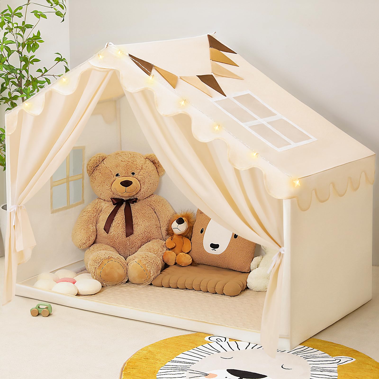 PIIKAGO Kids Tent Indoor with Stat Lights - Play Tent for Kids Ages 4-8  Toddler Playhouse with Cloth Curtain for Girls Boys  57  x 35  x 47  (Beige)