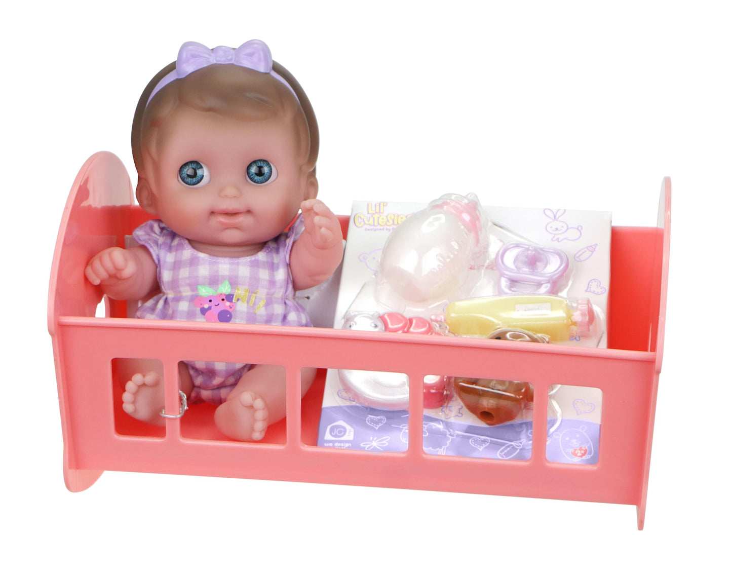 Jc Toys Lil Cutesies 9'' All Vinyl Baby Doll Bed Time Gift Set | Posable And Washable | Removable Outfit | Rocking Crib And Bed