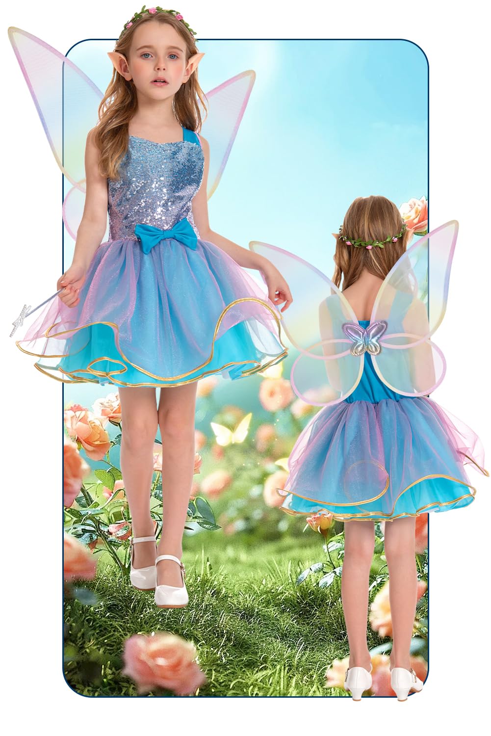 JoyRapt Fairy Costume Dress for Girls 3-10, Fairy Princess Pink Tutu Outfits Butterfly Wings Wand Headband Halloween Gifts(Small