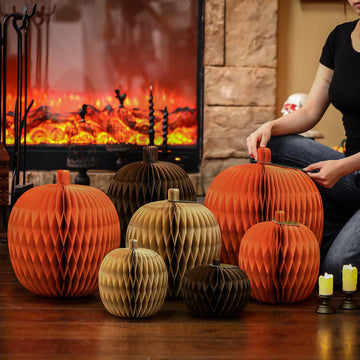 Weekgrat 7 Pcs Extra Large Pumpkin Honeycomb Centerpiece Fall Thanksgiving 3D Thick Paper Honeycomb Pumpkin Reusable Paper Decor