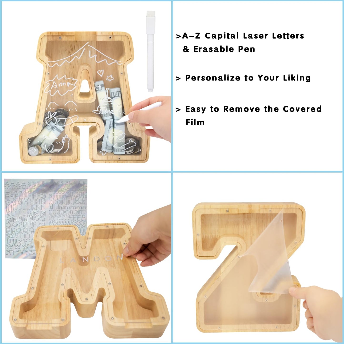 Bitreeworks Letter Piggy Bank, Personalized Wooden Coin Banks, Large Wood Money Peny Bank for Adults (9'', Alphabet E)