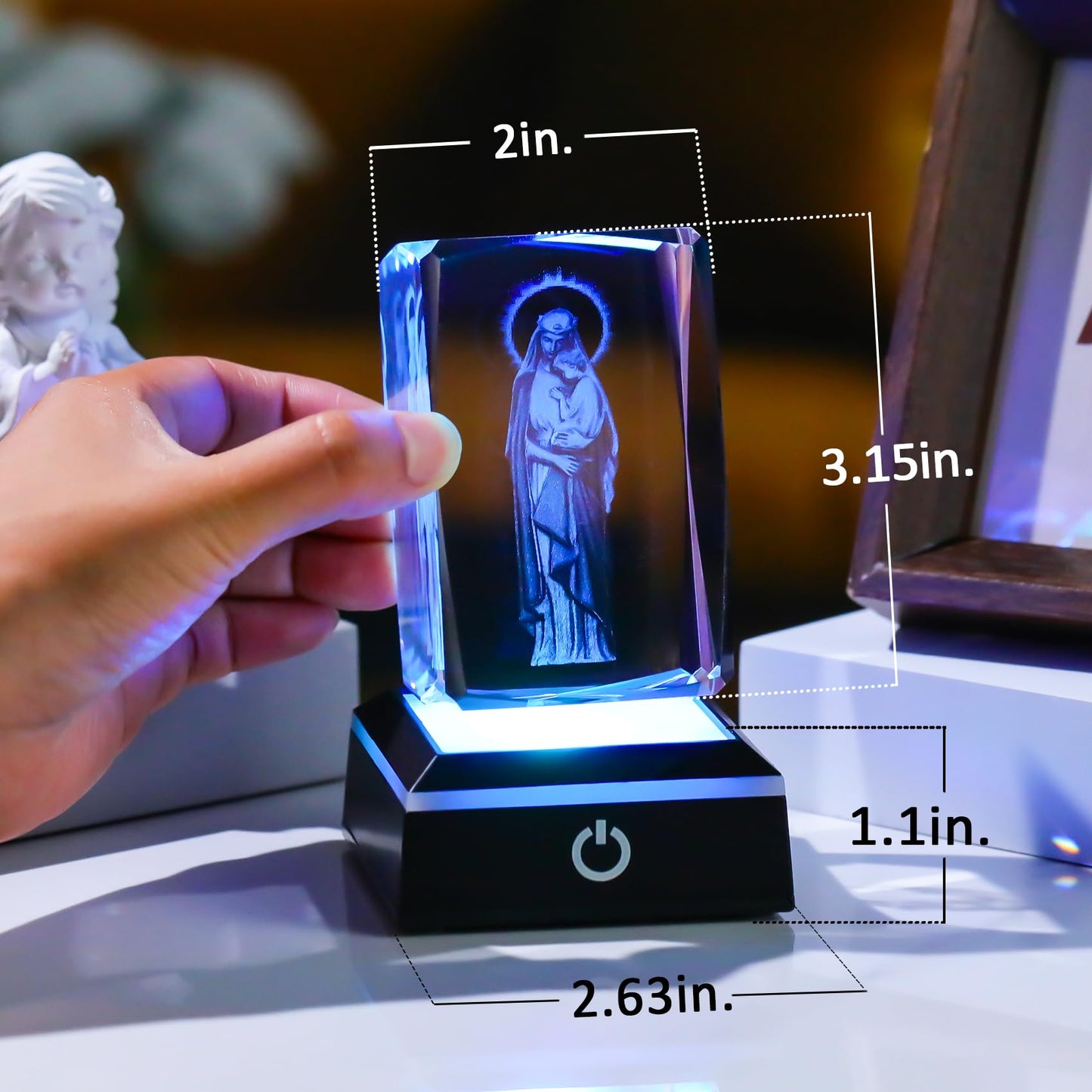 Movdyka Virgin Mary Night Light - 3D Laser Engraved Crystal Cube, 50mm x 50mm x 80mm, Color-Changing LED Base, Model 558
