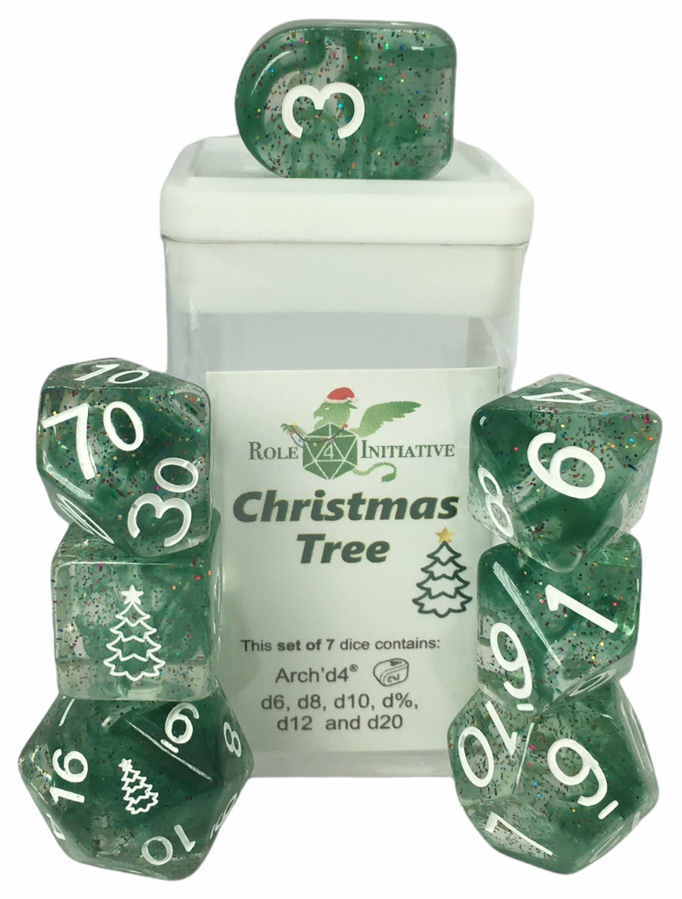 Happy Holi-Dice: Diffusion Christmas Tree - Set Of 7 Game Dice W/ Arch'D4 And Symbols