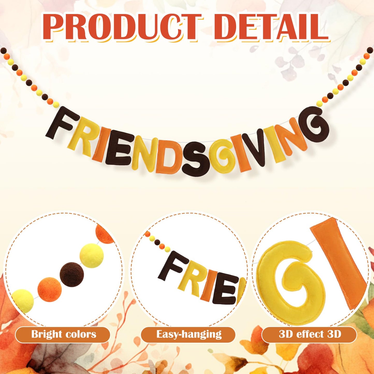 Breling 8ft Friendsgiving Banner Felt Ball Garlands Friendsgiving Party Decor Pre-strung Orange Yellow Brown Felt Banner for Fal