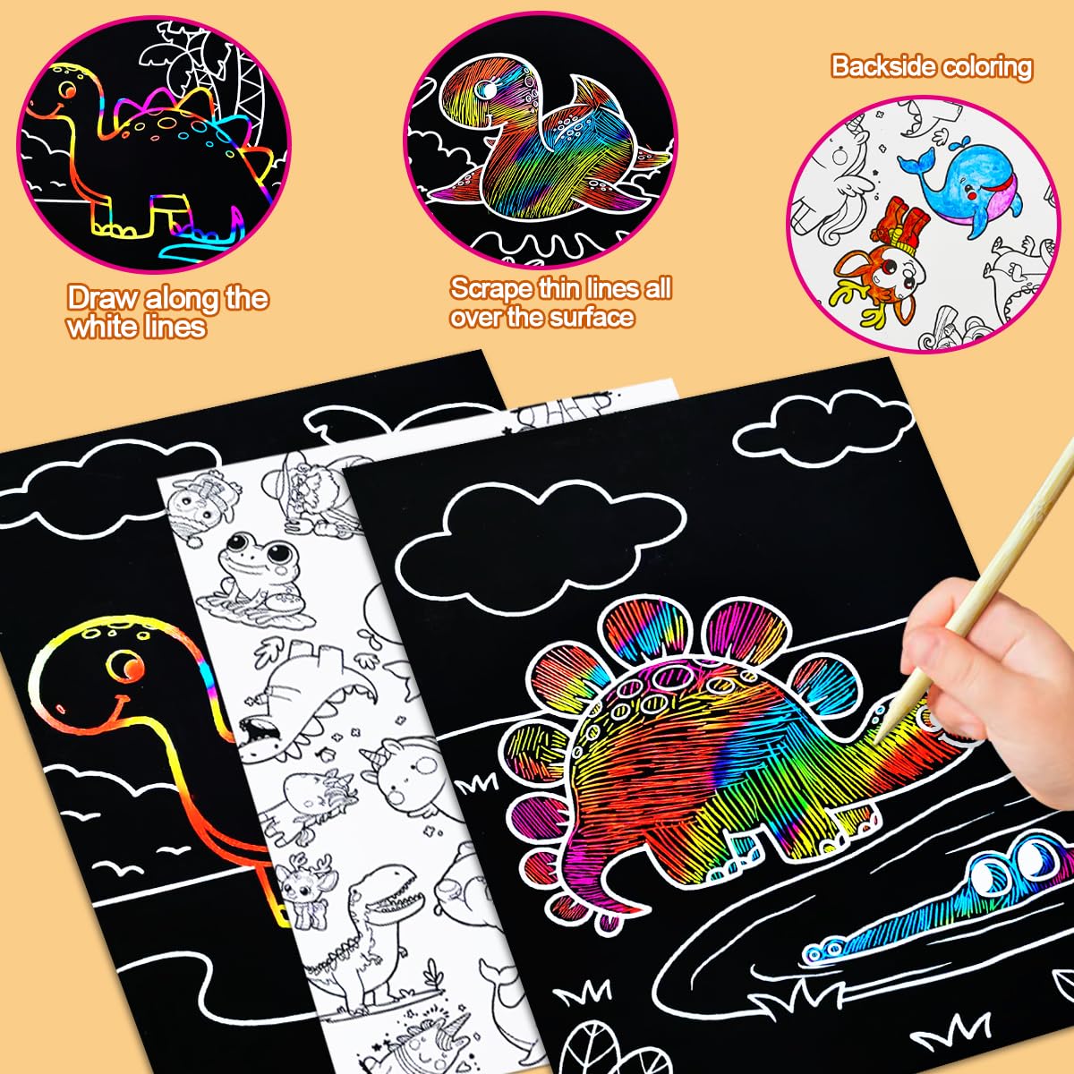 JUNQIU Scratch Art for Kids, Rainbow Scratch Paper Art Set - Dinosaurs, Arts and Crafts for Kids Ages 4-8 Girls Boys, Kids Activ