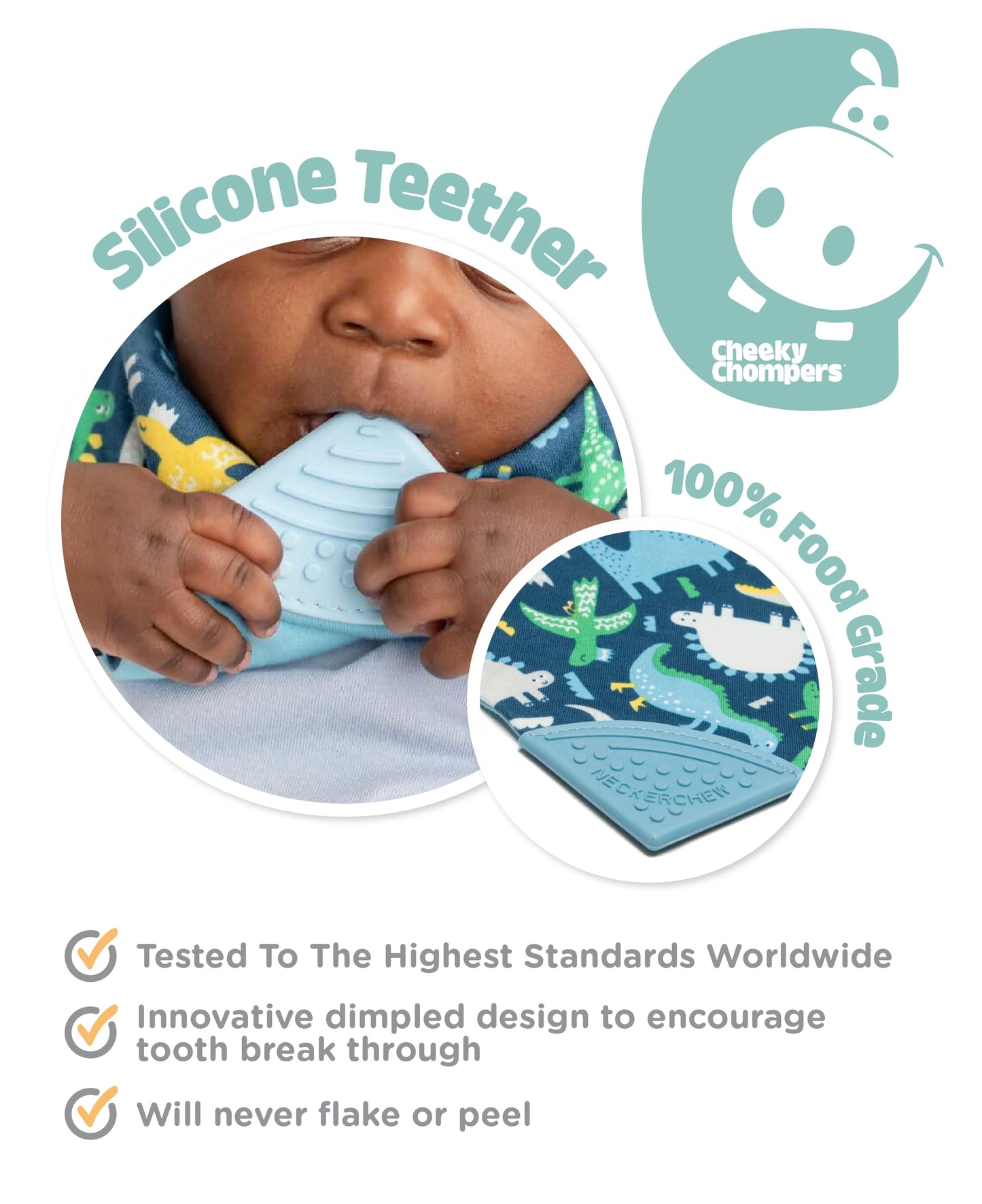 Cheeky Chompers 2-in-1 Baby Dribble Bib & Teether, Cotton, Reversible, One Size, Baby Dino, Model CCNCDINOF