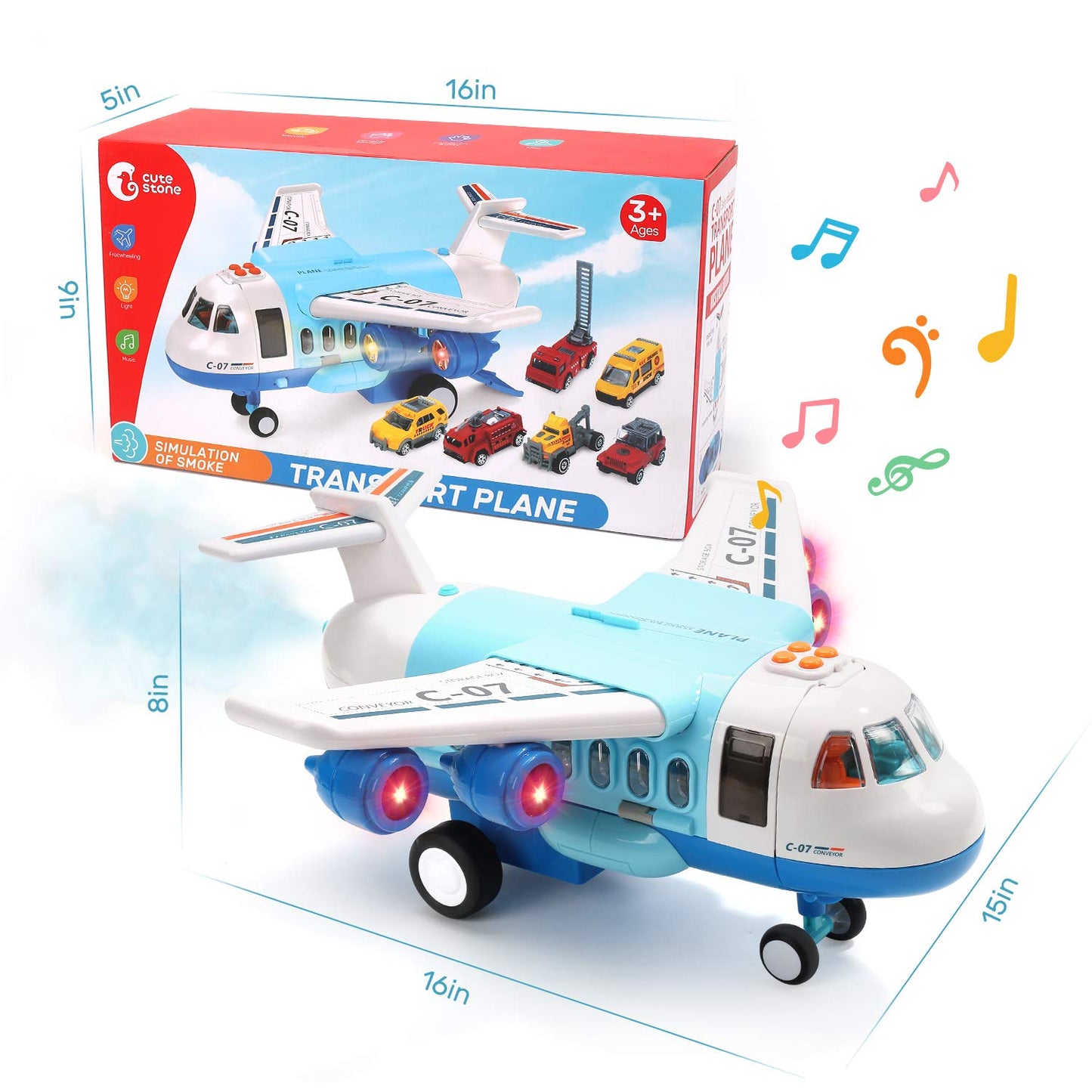 CUTE STONE Toy Airplane with Smoke, Sound & Light - Friction Powered, Multicolor, Model 3377-2, Great Gift for Boys & Girls
