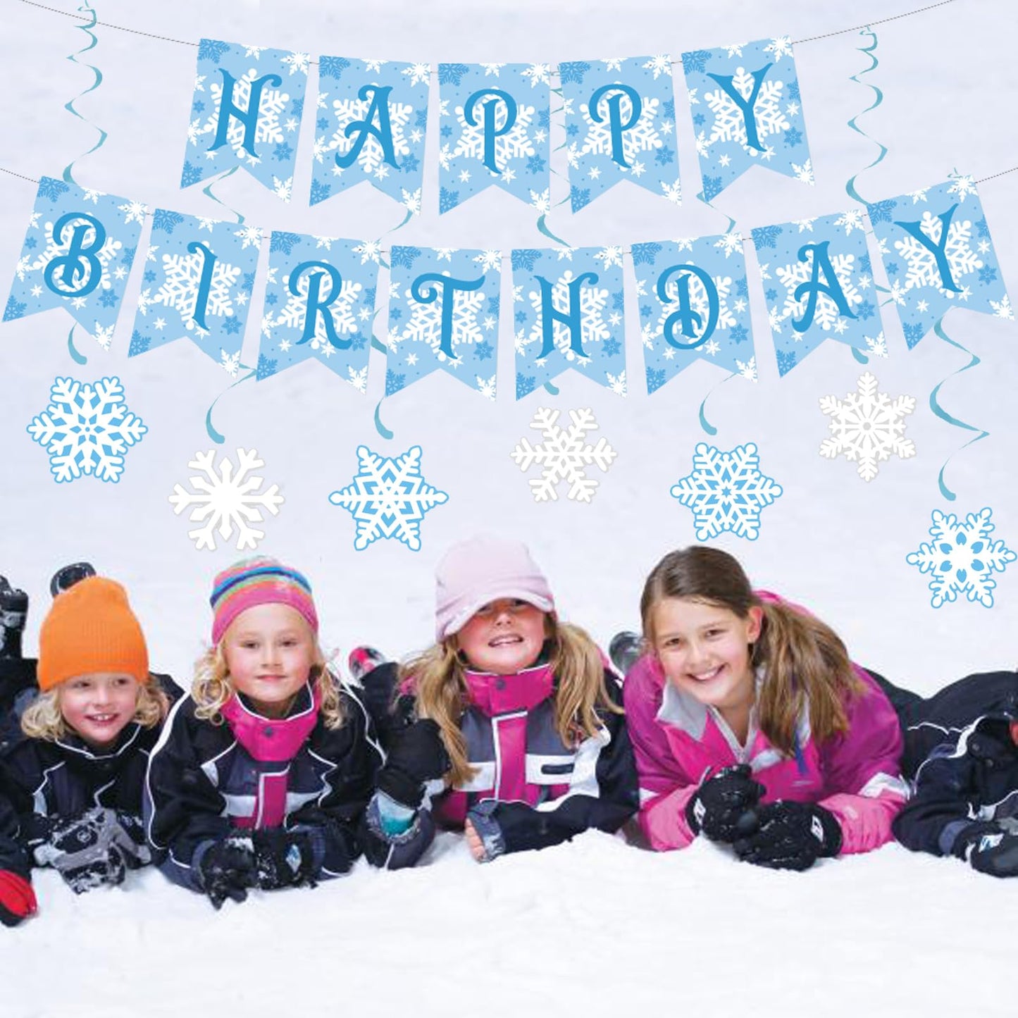 Zwiebeco Birthday Party Decoration Supplies Blue White Snowflakes Happy Birthday Sign Banner Hanging Paper Snowflake Swirls For