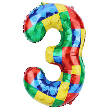 32 Inch Building Block Number Balloon, Colorful Number Block Foil Balloons Helium Balloon Numbers For Birthday Brick Theme Party Decorations (Number 3)