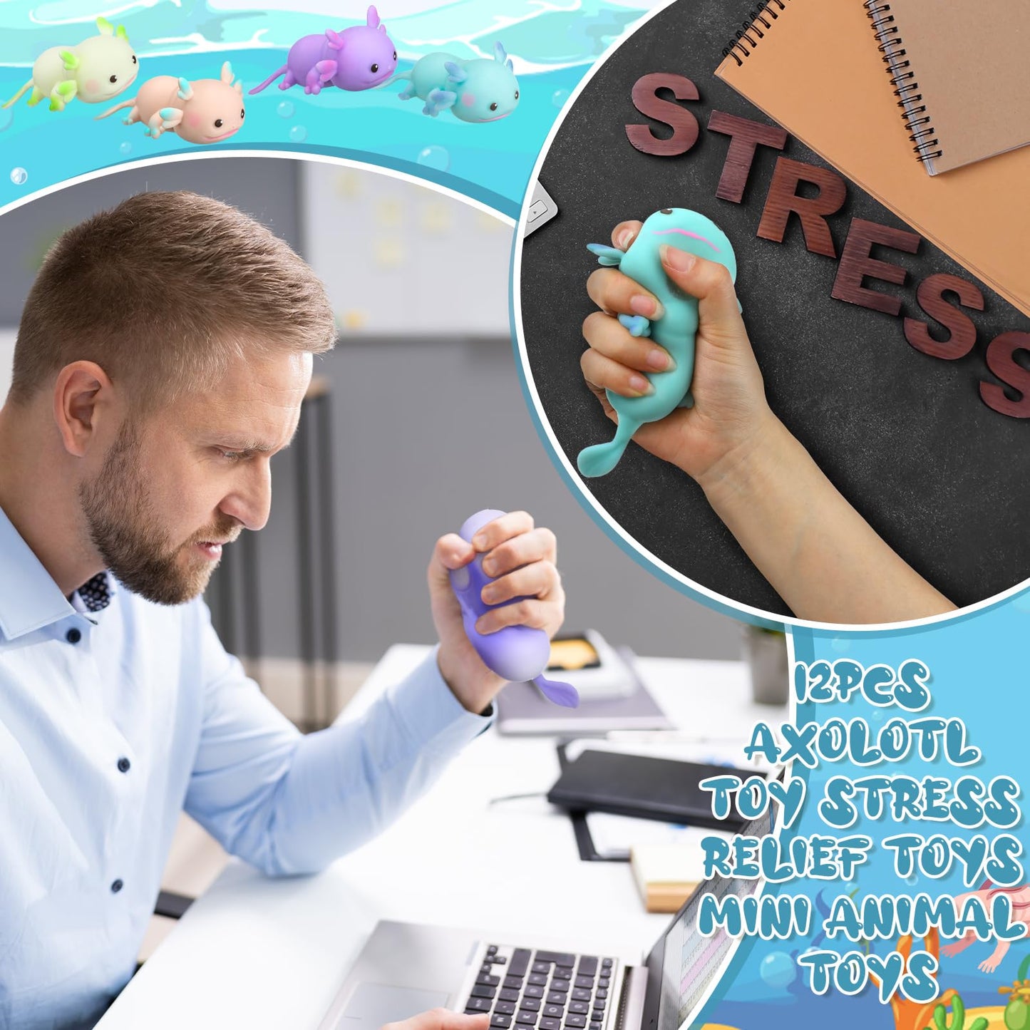 Meooeck 12 Pcs Axolotl Stress Relief Toys Stress Balls for mature-themed Mini Axolotl Squeeze Fun Fidget Toys Animal Balls Cute for Birthday Party Office Christmas Stocking Stuffer Gift ADHD Autism Anxiety