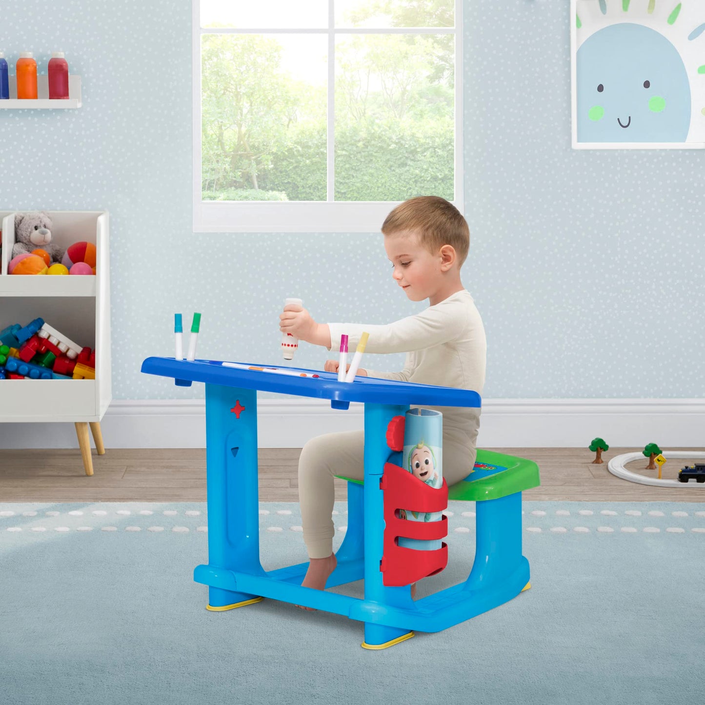CoComelon Draw and Play Desk by Delta Children - includes 10 Markers and Coloring Book, Blue