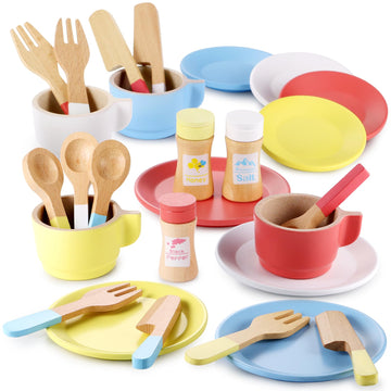 GAGAKU Wooden Play Dishes and Plates for Kids Kitchen Set 27 PCS Montessori Wooden Play Kitchen Accessories Kitchen Toy Wooden P