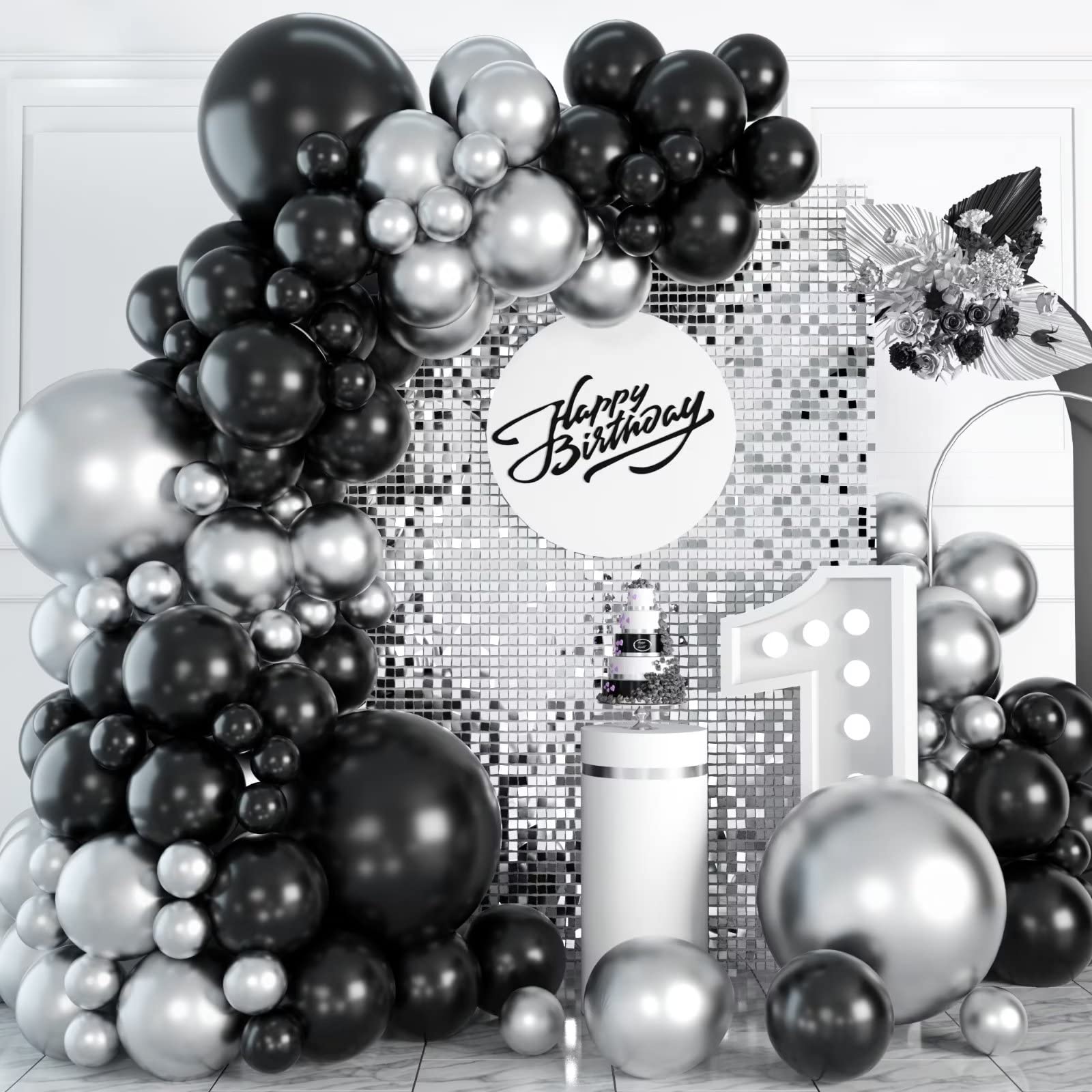 Black And Silver Balloon Garland Kit, Metallic Silver And Black Balloon Arch Kit, 100Pcs Chrome Silver Latex Black Balloons Different Sizes For Wedding Bridal Shower Birthday Graduation Party Supplies