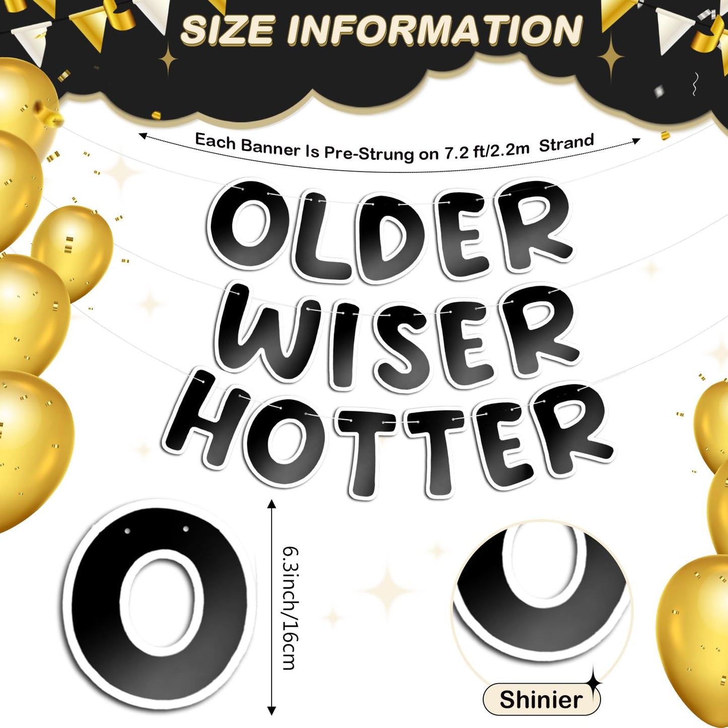 Fulmoon Set of 3 Pre Strung Older Wiser Hotter Glitter Banner Funny Birthday Banner for Women 30th 40th 50th 60th 70th 80th Birt