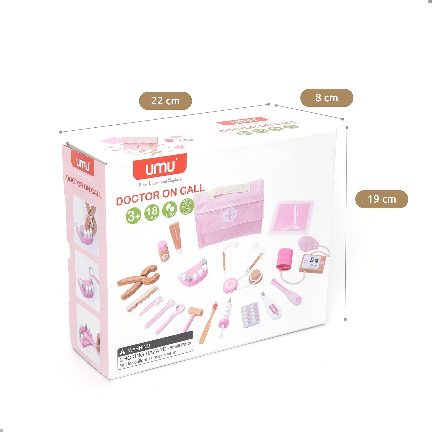 UMU Wooden Doctor Kit for Kids - 18 pcs Doctor and Dentist Play Set for Toddlers with Stethoscope, Syringe, Tooth Model & More -