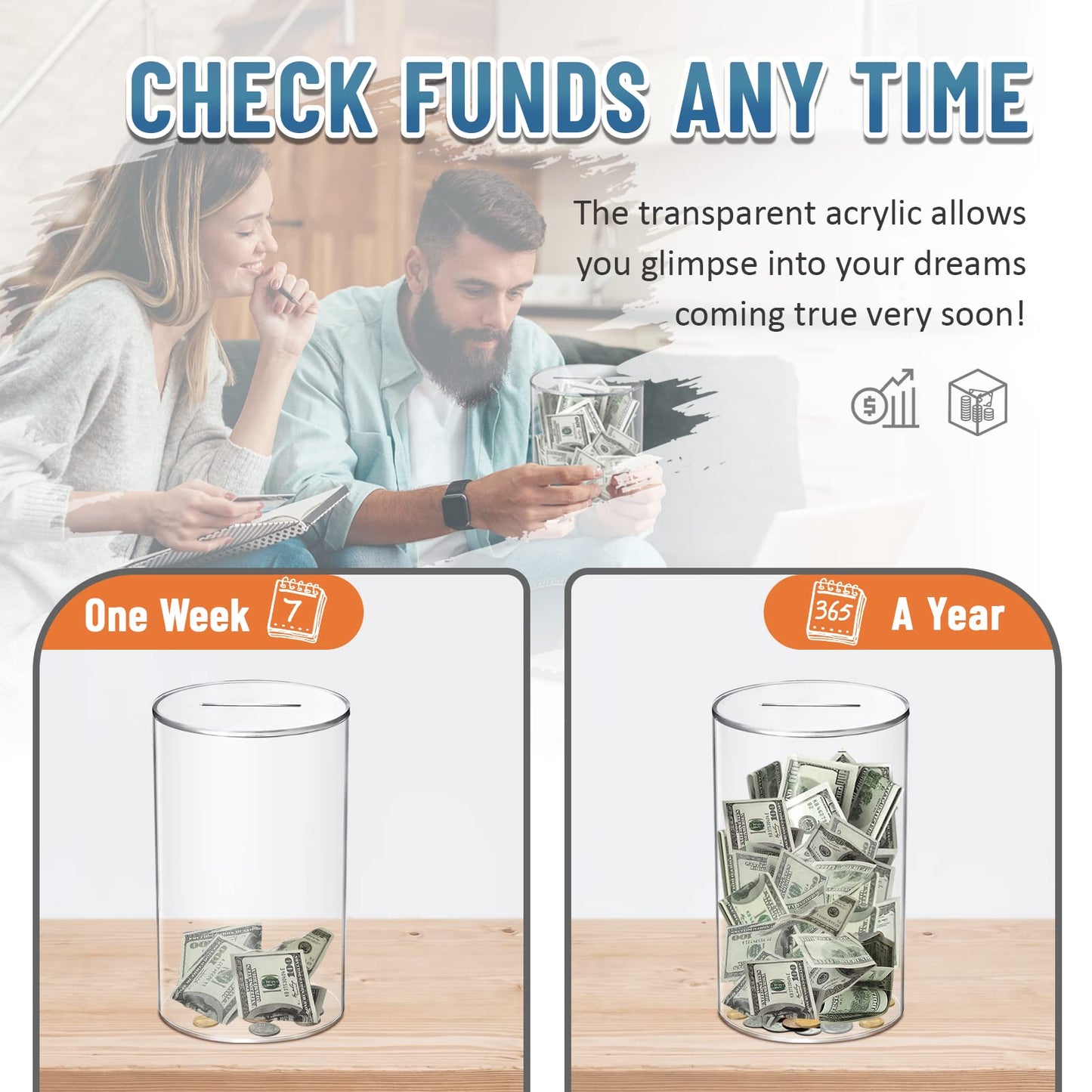 Hizgo Adults Piggy Bank, Acrylic Clear Piggy Bank For Adults/Kids Must Break To Open, Unopenable Acrylic Savings Jar, Size 10' H X 6' Diameter(Large)