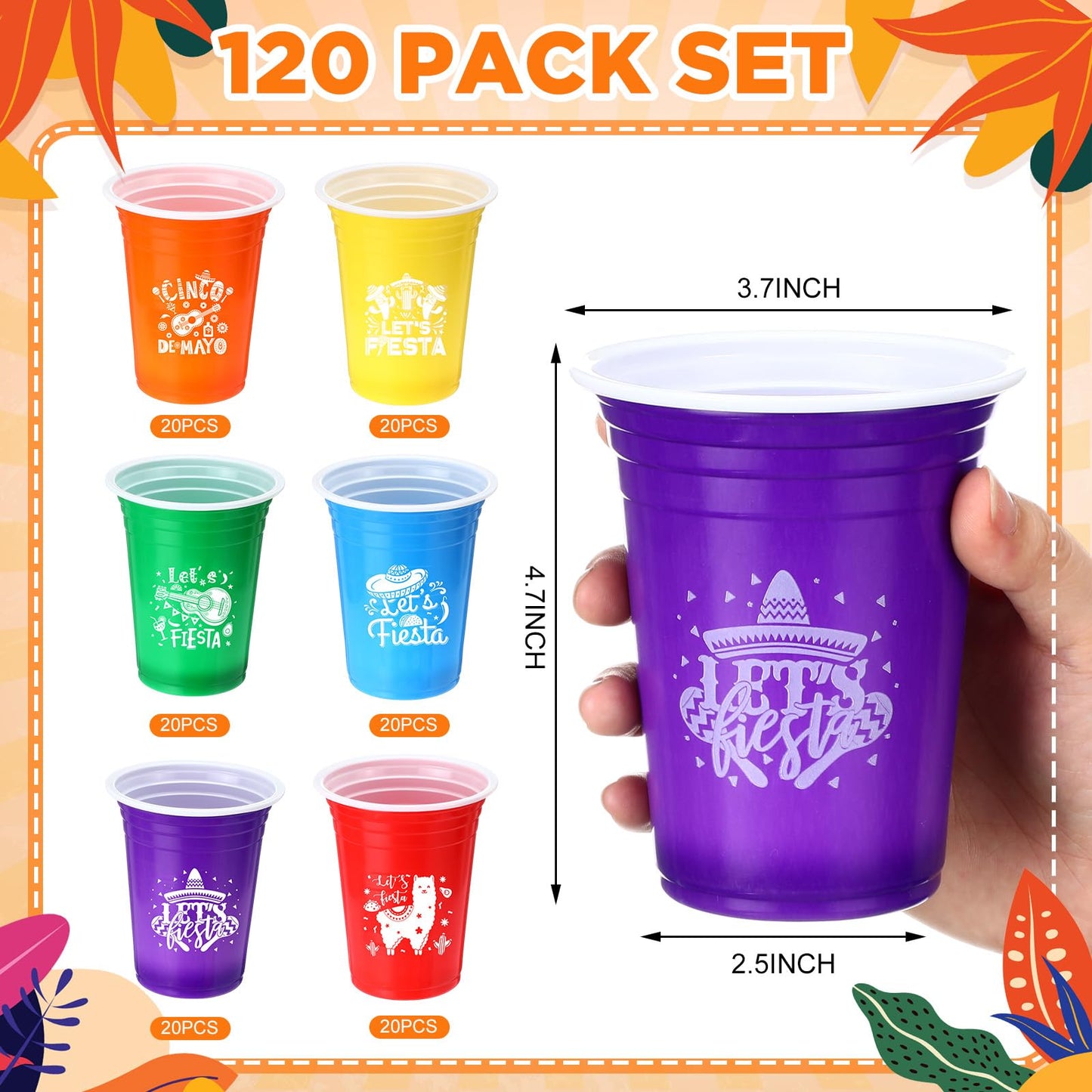 Ziliny 120 Pack Lets Fiesta Cups Mexican Party Supplies Cinco De Mayo 12 oz Disposable Plastic Cups for Taco Baby Shower Birthd