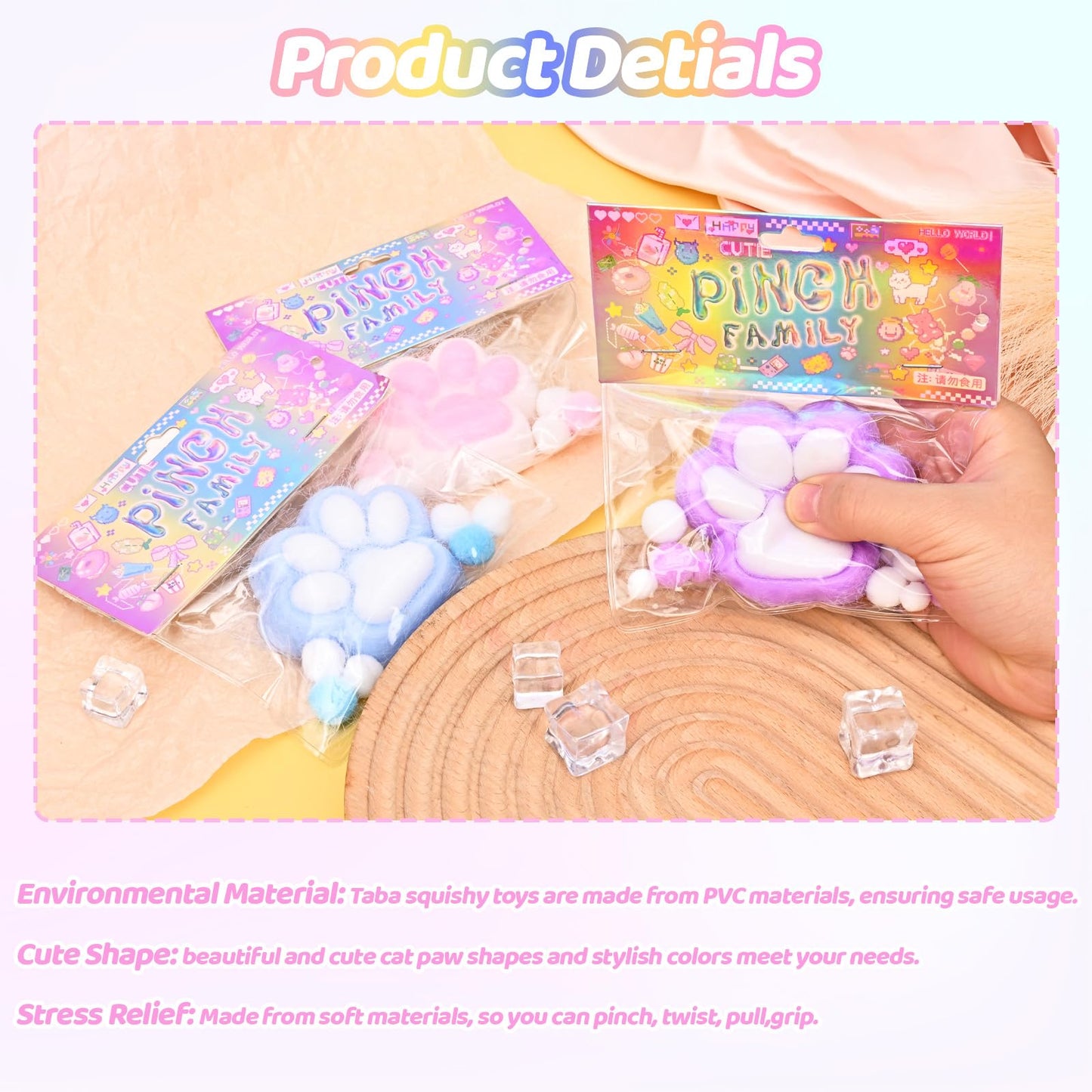 3Pcs Taba Squishy Squeeze Cat Paw Toys, Fufu Sticky Cat Paw For Stress Relief, Pinch Family Opp Packaging Sensory Toys, Chuu Chr