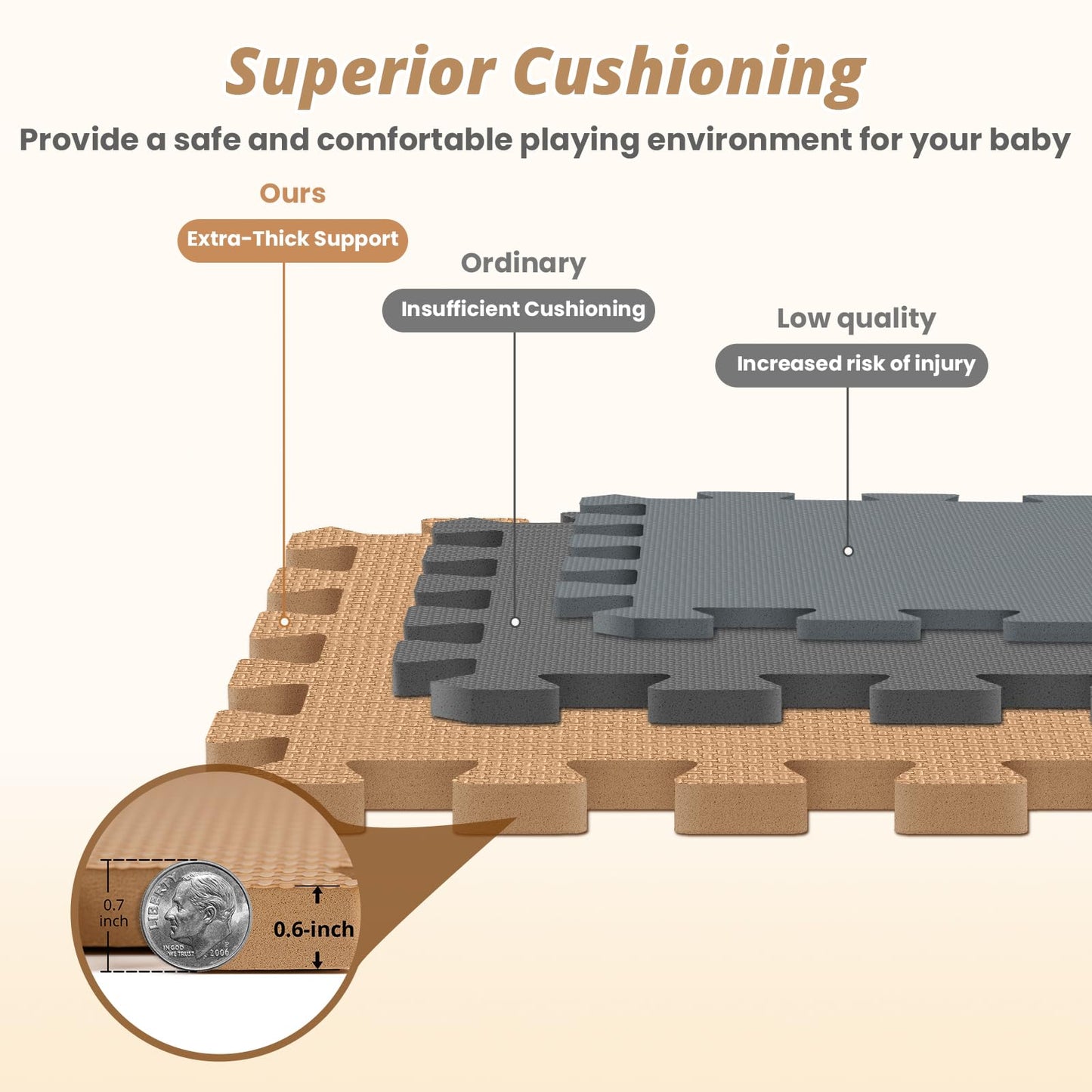 36Pcs Baby Play Mat for Floor  Foam Floor Tiles for Kids with Interlocking  Squares Foam Puzzle Carpet for Playroom Crawling Rug for Babies 6-12 Months Toddlers 11.8*11.8*0.6In Each Grey White Brown