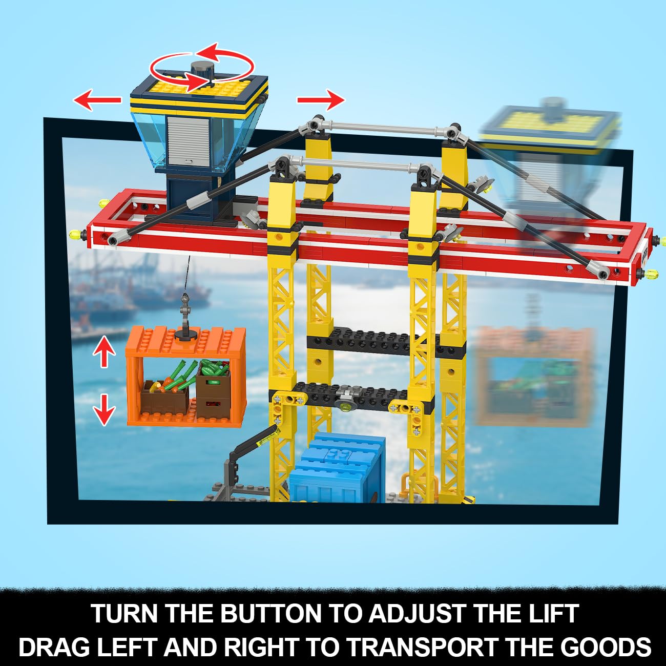 HOGOKIDS City Wharf Building Set with Crane, 1373PCS, Plastic, 25"x13"x18", Includes Ship, Train, Truck & Containers, Ages 6-14+