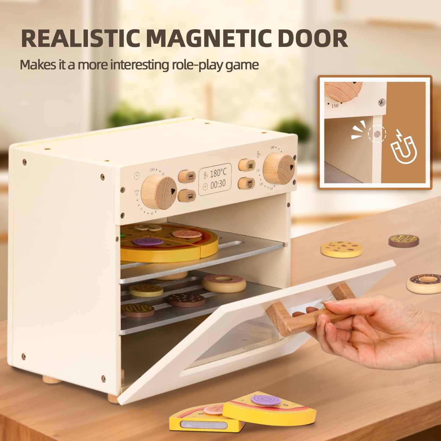Oook Wooden Kids Oven, Pretend Play Oven For Toddlers With Diy Stickers, Kitchen Play Set Accessories With Push-Pull Baking Tray