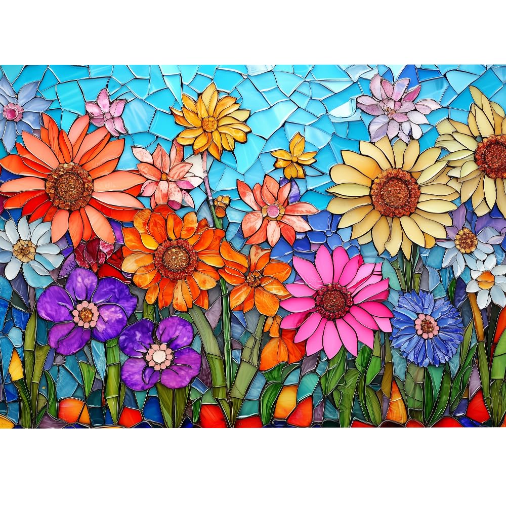 1000 Piece Jigsaw Puzzle for mature-themeds - Stained Glass Mosaic Flowers Art  Colorful Daisy Garden Puzzle  Difficult Challenging Game  enhanced Recycled Gift for Women Men Teens
