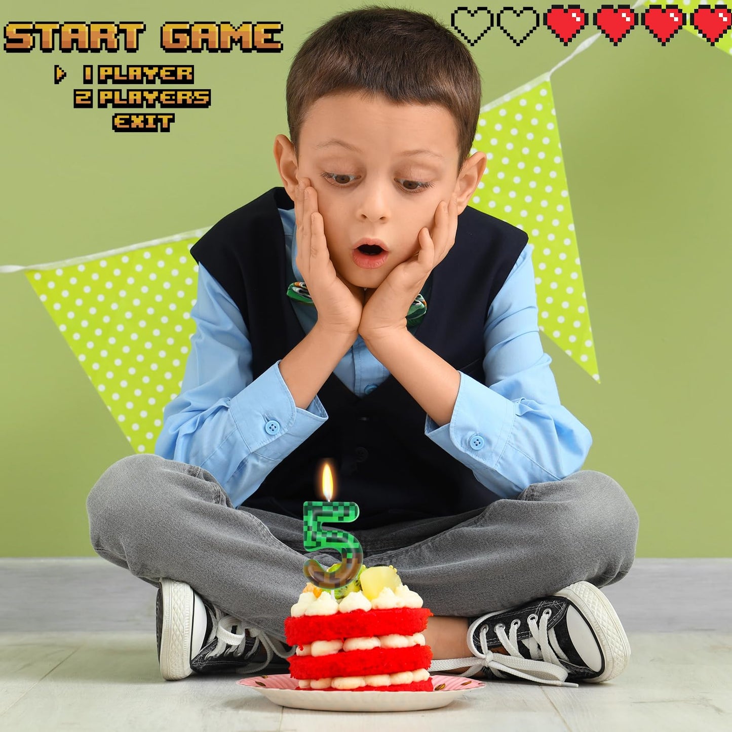 5th Pixel Miner Birthday Candles, Pixels Cake Topper for Boys Girls, TNT Themed Birthday Decorations Party Supplies (Number 5)