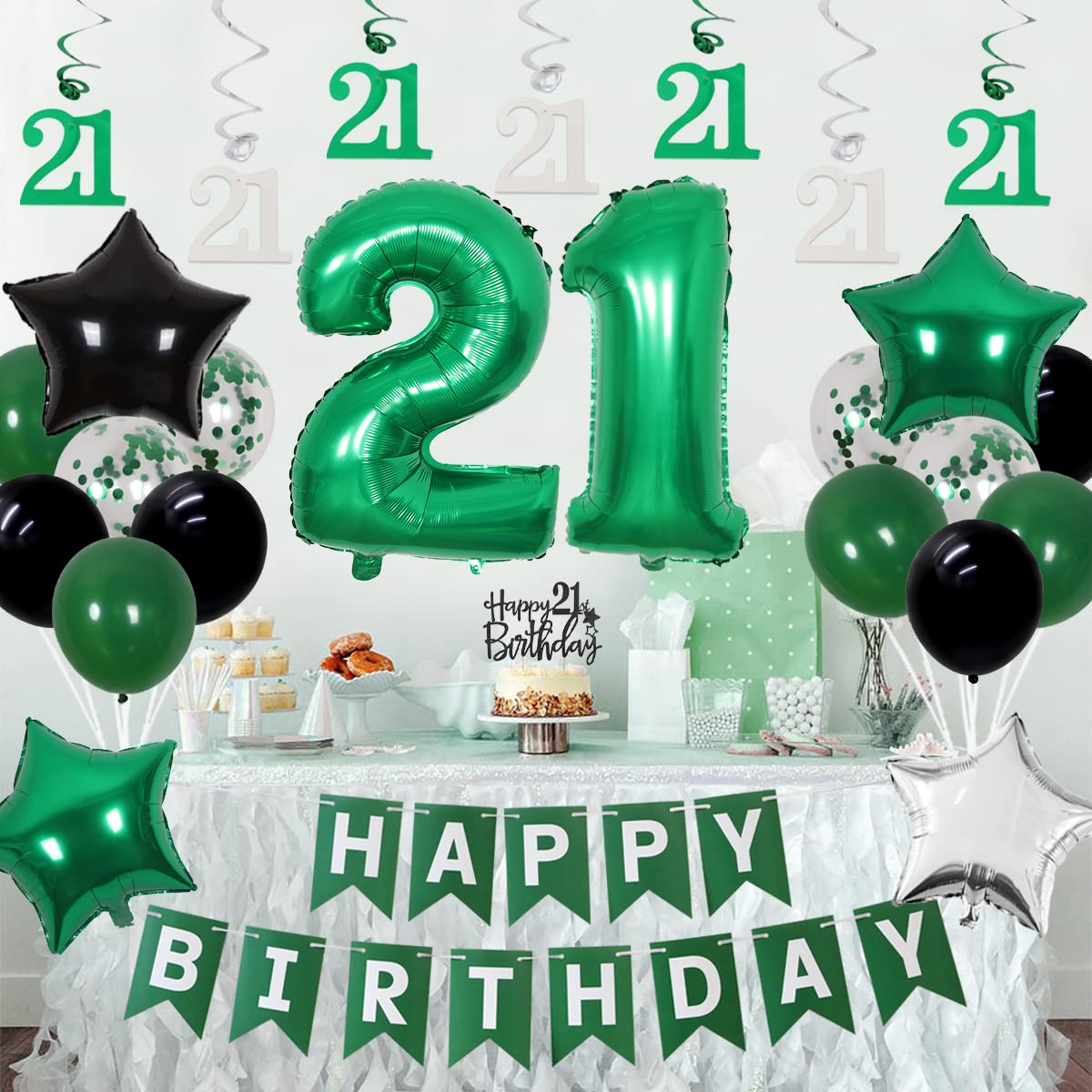 Cheereveal 21St Birthday Decorations For Her Him Green And Black Happy Birthday Banner Cake Topper Number 21 Foil Balloon Hanging Swirls For 21 Year Old Birthday Party Supplies