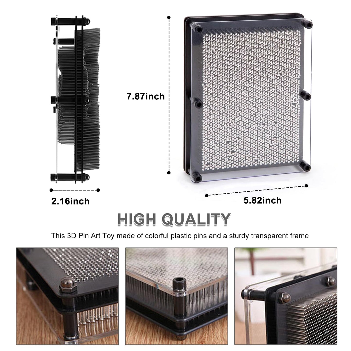 Hsxfl Classic 3D Metal Pin Art Toy - 8In X 6In 3D Large Size Pin Art Board For Kids Or Adults (Silver)