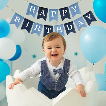 Blue Burlap Happy Birthday Banner, No Diy, Pre Strung And Ready To Hang, Faux Imitation Burlap Birthday Banner, Reusable Birthda