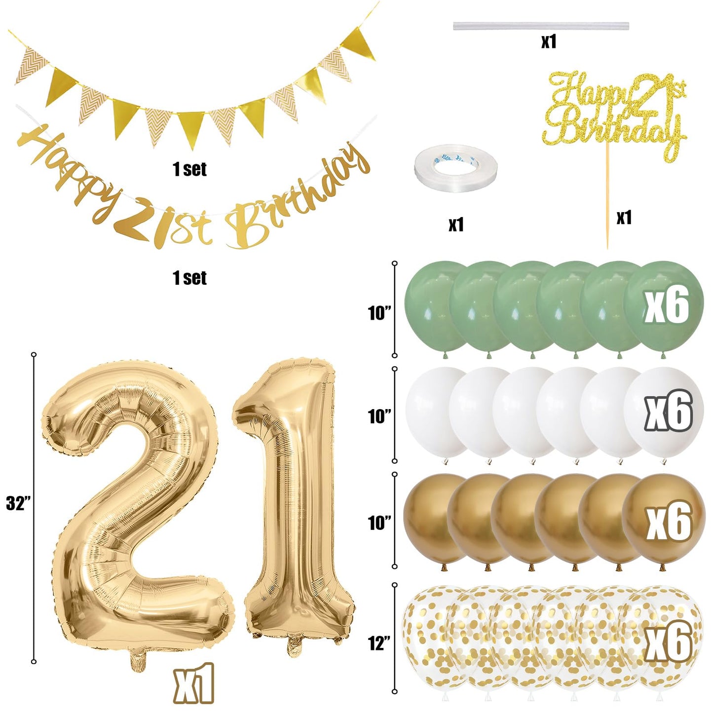 Jobkoo 21st Birthday Decorations - Happy Banner, Cake Topper & Foil Balloons, Sage Green & White, Model BLSR010