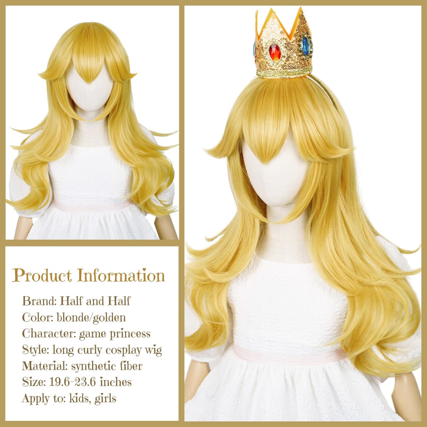 Princess Wig Blonde Wigs For Kids Girls, 22 Inch Long Golden Curly Kids' Cosplay Wave Wig With Crown Headband + Ear Clips + Broo