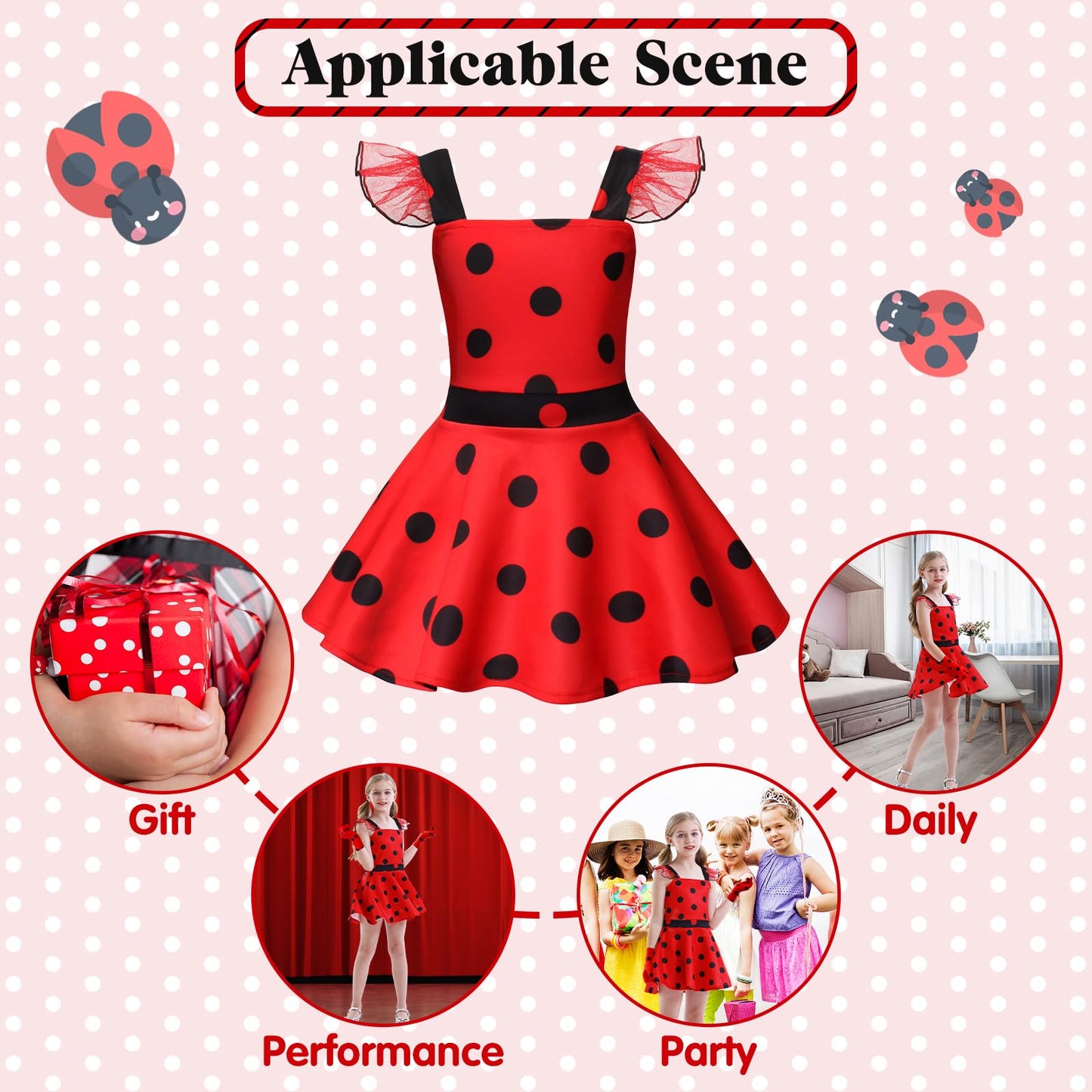 Girls Costume Polka Dots Dress Up Carnival Costume Birthday Outfit Christmas Party Cosplay Mask Gloves Headdress For Kids 110