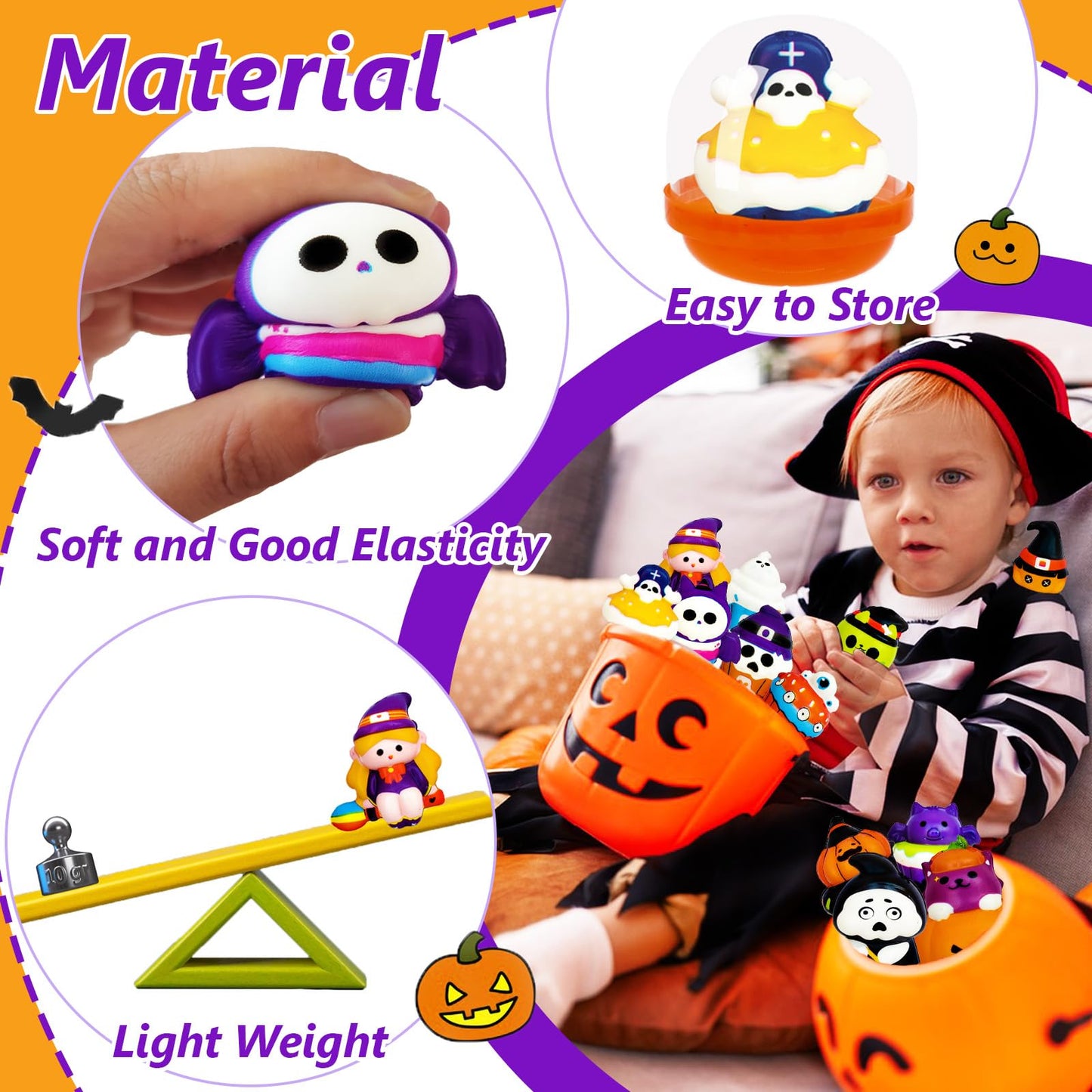 24 Pack Halloween Party Favors Filled With Squishy Toys,Slow Rising Squishy Toy With Fillers,Cute Stress Relief Squeeze Toys For Kids Gifts,Birthday,Class Prizes,Goodie Bags Stuffers