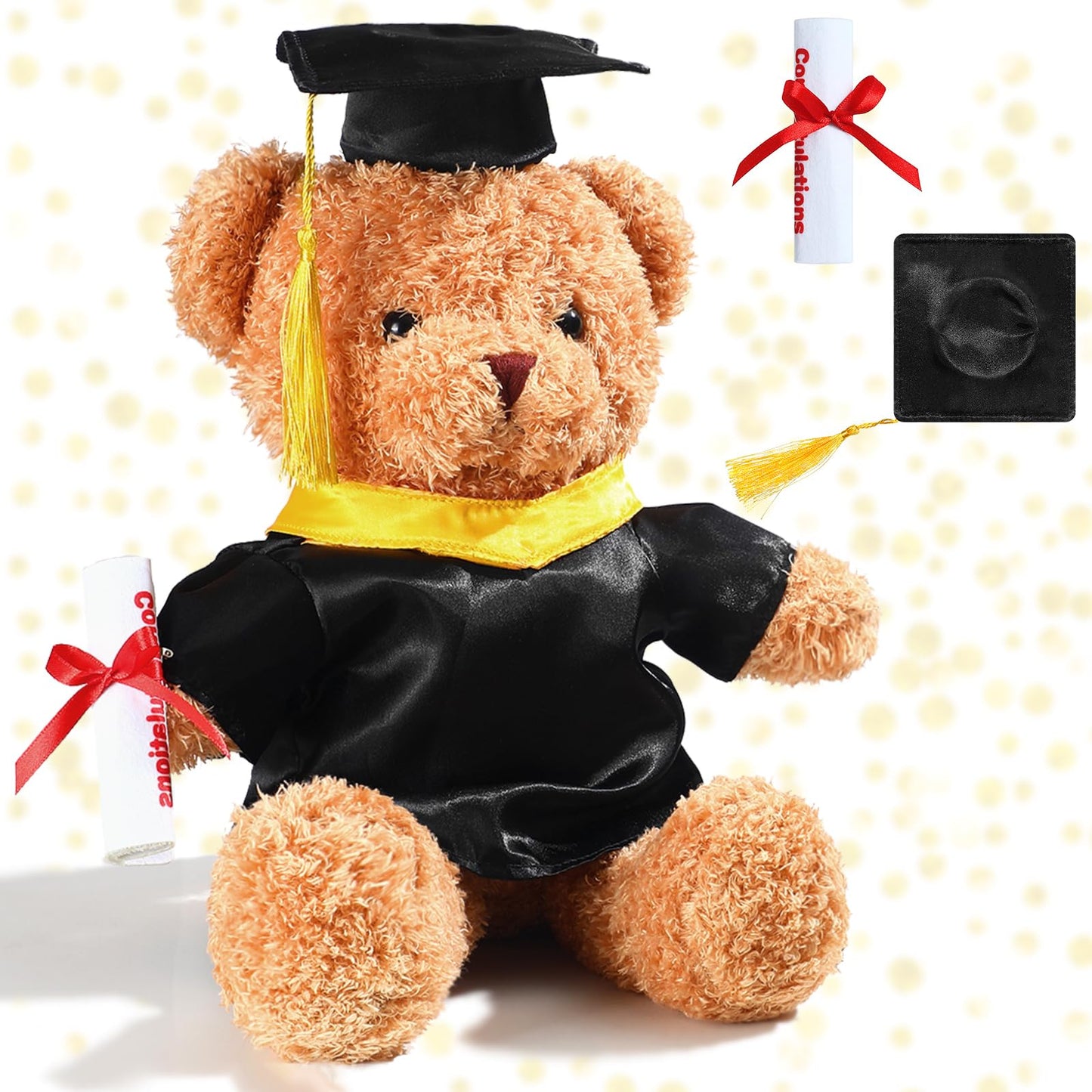 Civaner Graduation Bear Clothes Graduation Hat with Yellow Tassel Diploma Gown Outfit Plush Toy Gown Clothes Accessories Fits Mo