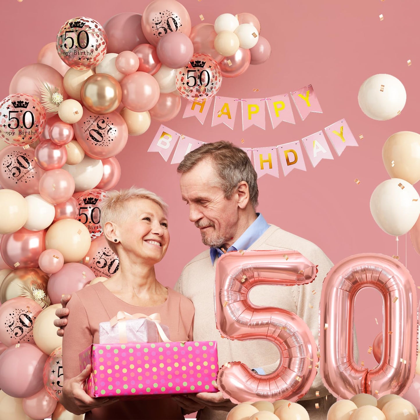 Dagelar Rose Gold 50th Birthday Decorations Kit - Balloon Arch, Number 50 Foil Balloons & Banner for Women’s 50th Party Celebration
