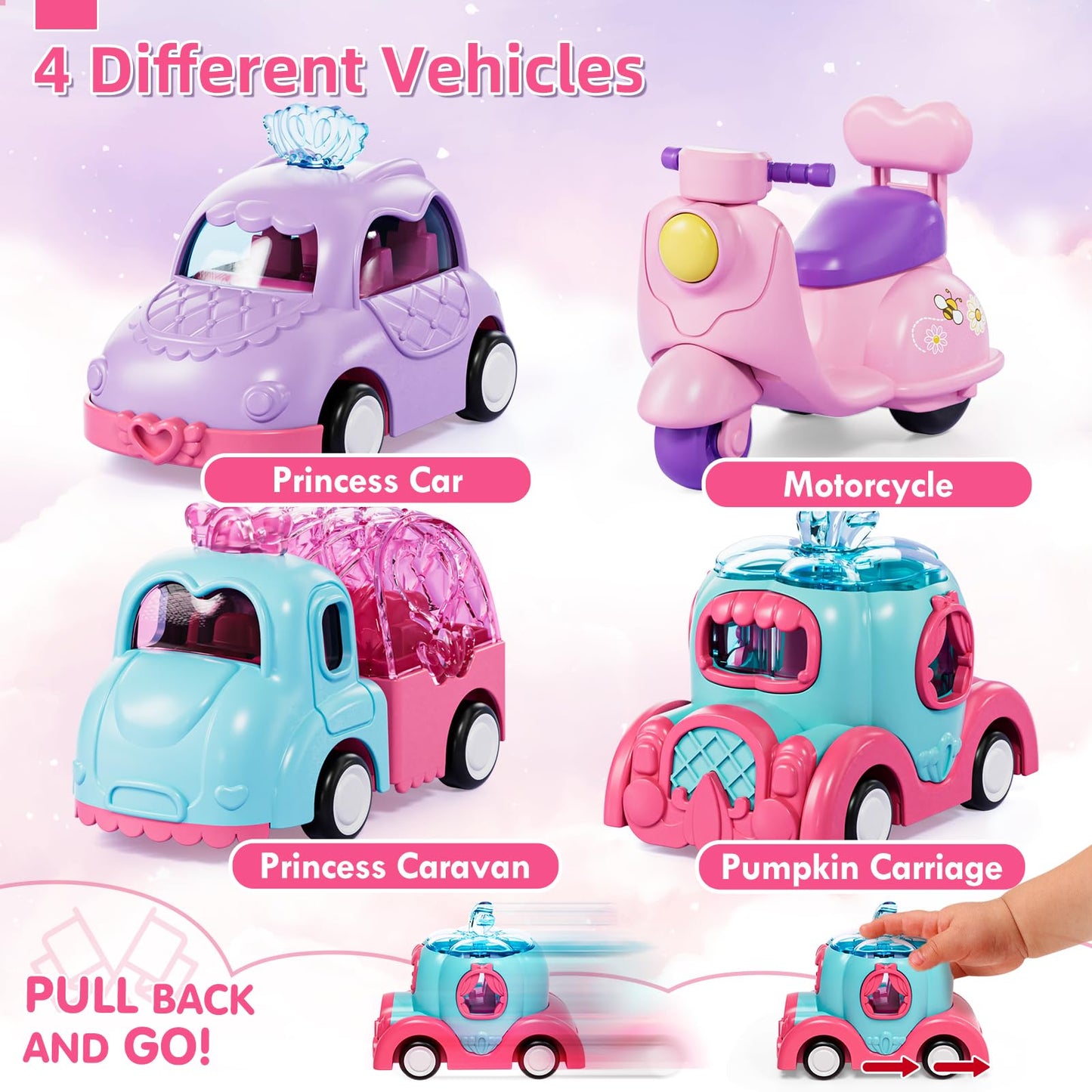 Lehoo Castle Princess Toys for 2 Year Old Girl, Girl Cars for Toddlers 1-3 with Lights & Music, Friction Powered Toddler Girl To