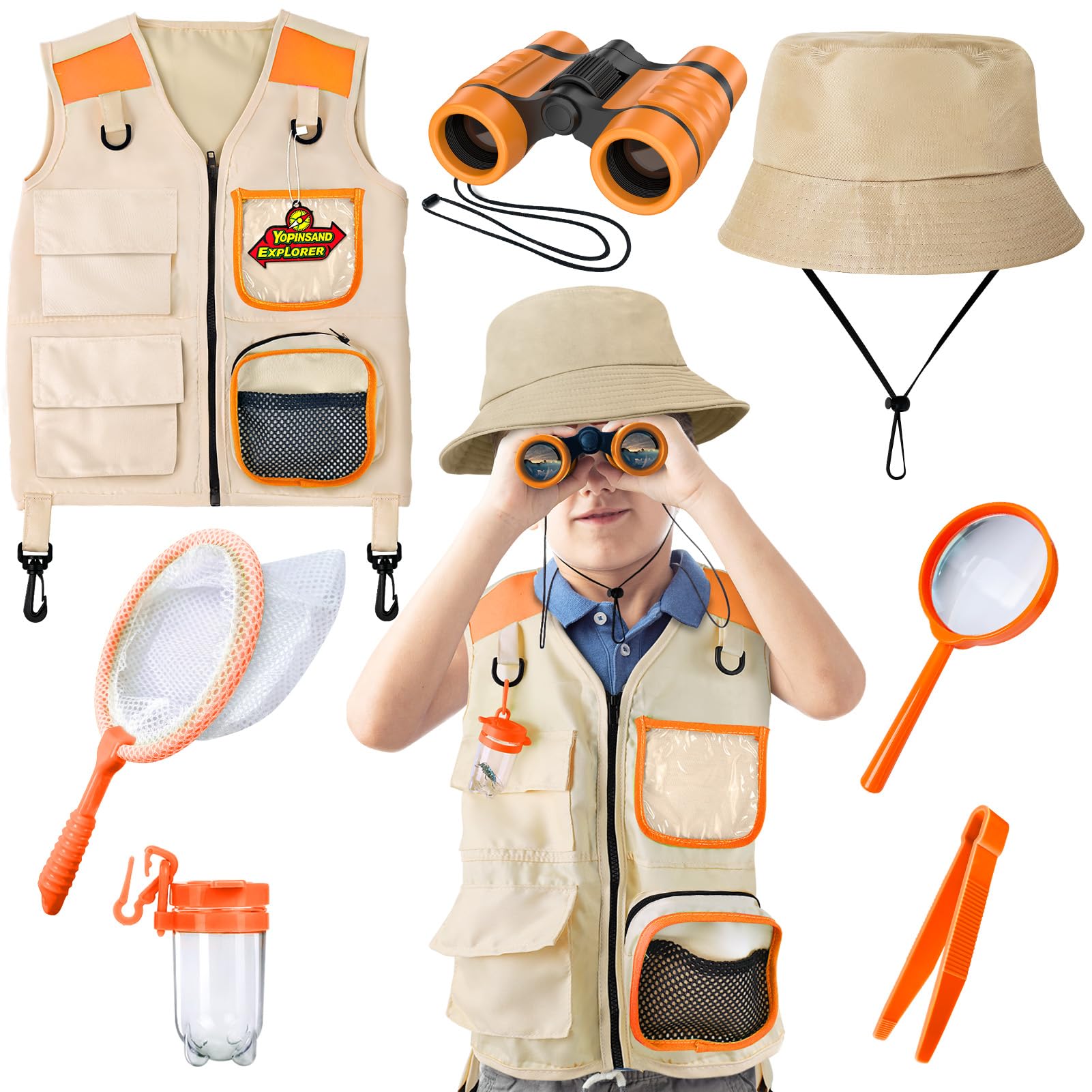 Yopinsand Kids Explore Kit & Bug Catcher Kit, Kids Camping Gear For Kids, Outdoor Exploration Set With Safari Vest & Safari Hat,